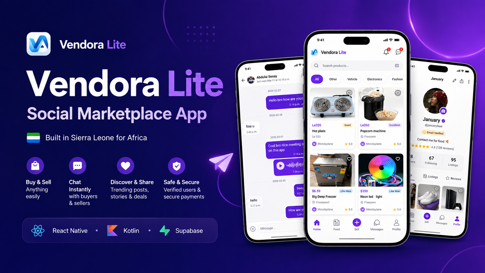 Vendora Lite marketplace app shown across multiple mobile screens