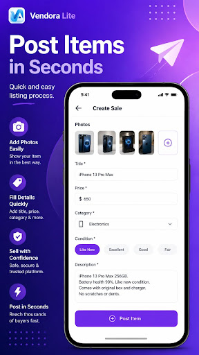 Vendora Lite create listing screen